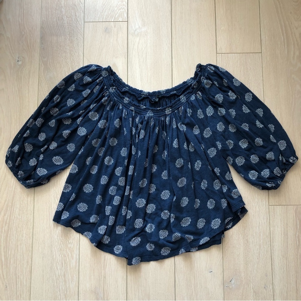 Lucky Brand Navy Blue Gathered Cotton Blouse